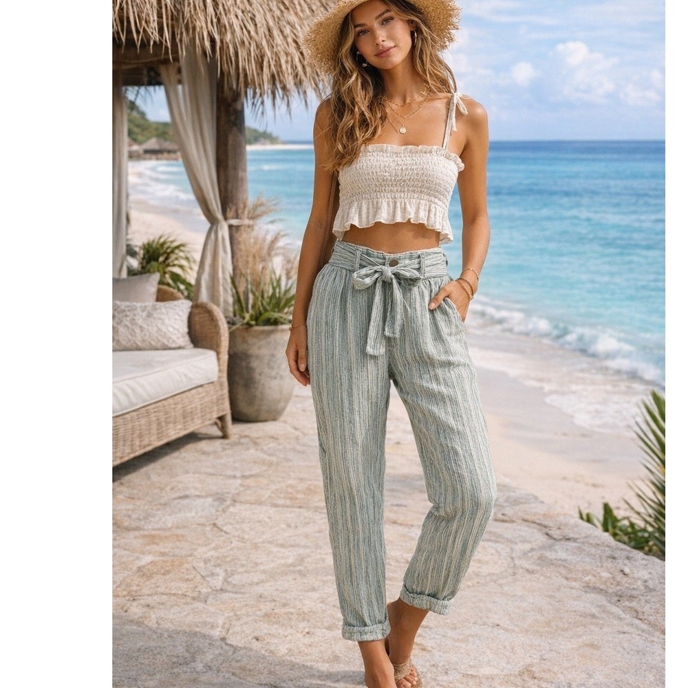 Free People Rumors coastal Boho Stripe Tie Waist Cotton paper bag Pants Size 0‎